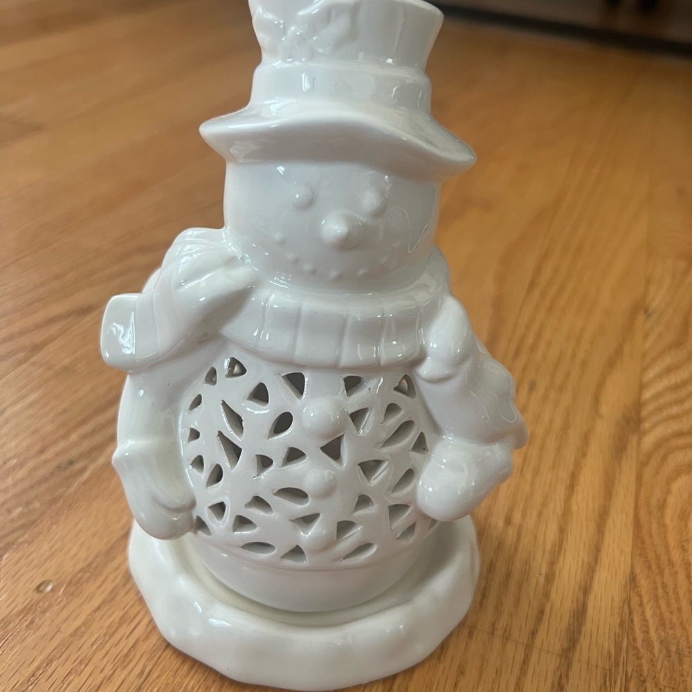 White Ceramic Snowman Candle Holder